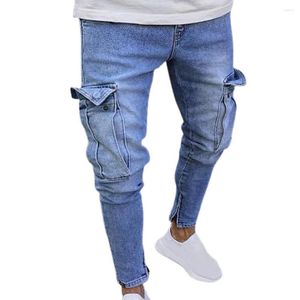 Heren jeans diep kruis licht blauwe multi -zakken rits manchetten denim broek voor kantoor