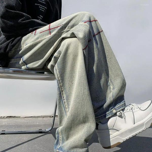 Jeans masculins entre entrejambe profonde Jamouge large avec rayures déchirées Poches de streetwear pantalon en jean élégant pour le printemps