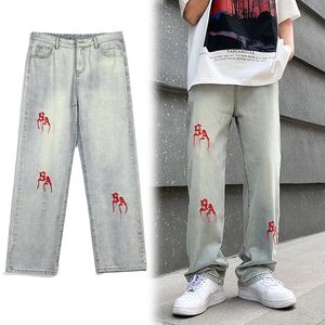 Heren jeans Deeptown y2k geborduurd rechte jeans mannen retro rode letter losse denim broek casual hiphop broek mannelijke streetwear mode 230524