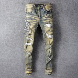Jeans voor heren Levering 2021 Slang Geborduurde Retro Denim Slank Skinny Gaten PU-leer Patchwork Stretch Pants274z