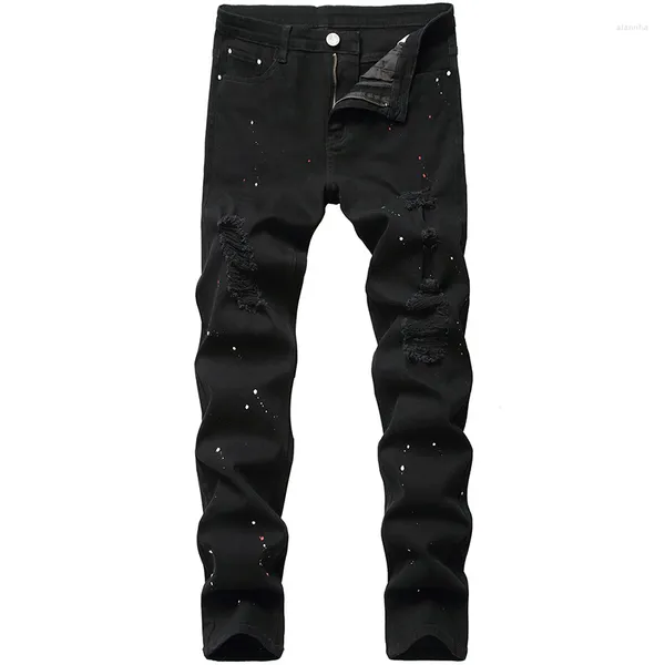 Pantalones vaqueros para hombre Diseño de mezclilla Moda Laca Pie Pantalones casuales Estiramiento Regular Fit Negro Largo Cuatro estaciones Tallas grandes