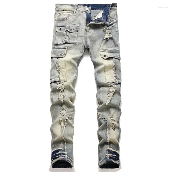 Jeans para hombres Denim Destruido Agujero Multi-Bolsillo Pactchwork Alta Calidad Avanzado Cómodo Biker Pantalones Hombre Casual