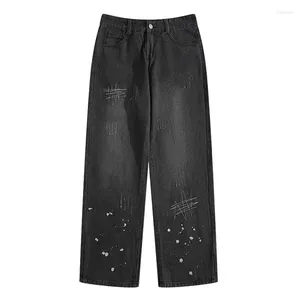 Jeans pour hommes Denim en détresse Hip-hop High Street pantalons longs poches droites bouton ample décontracté quotidien Cowboy pantalon
