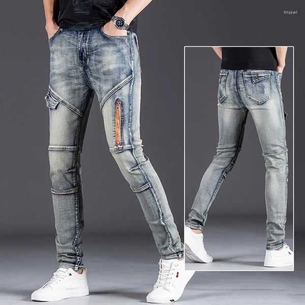 Jeans pour hommes Denim Marque de mode Slim Design Style de moto personnalisé Zipper Raft Retro Pattern Pantalons longs