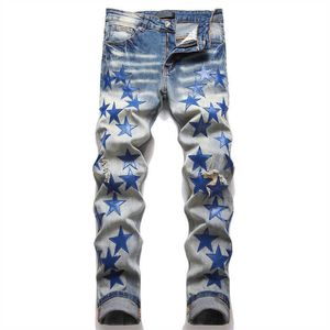Pantalones vaqueros de mezclilla para hombre Slim Fit Ripped Diseñador de lujo Hip Hop Harajuku Pantalones Leaer Stars Patchwork Bordado Pantalones de mendigo Z0315