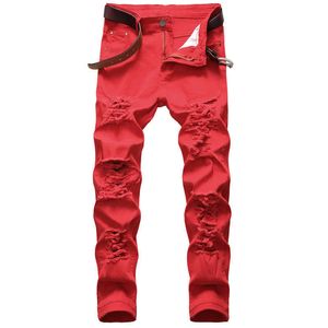 Jeans pour hommes Jeans en jean hommes pantalons minces pantalons en jean pour hommes fermeture éclair trou rouge pantalon crayon jean en jean pour homme droit pleine longueur T221102