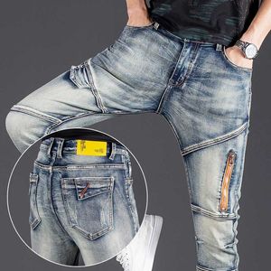 Jeans pour hommes jeans denim pour hommes marque de mode de mode mince de conception de moto de style éclairage à glissière personnalisée pantalon long pantalon y240507