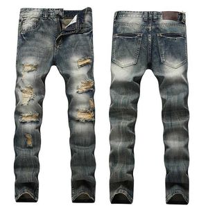 Jeans pour hommes jeans denim en ruine marée haute rue Hip Hop Hole Fried Fried Pantal