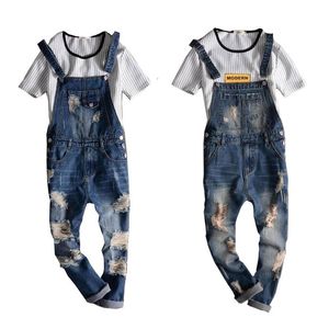 Heren jeans denim jumpsuit casual lichtblauwe overalls scheurde zakken slabbetje vriend jumpsuitsmen's