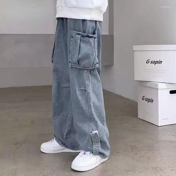 Jeans pour hommes Salopette en denim grande poche ample jambe large décontractée printemps automne rue coréenne mode hip hop