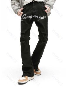 Heren jeans denim broek puur zwart borduurwerk los punk heren modebroek super straatkleding y2k flard pants zwarte trend hiphop man z0225