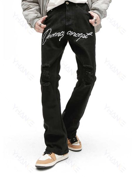 Jeans pour hommes Pantalon en jean Pure Black Broderie Loose Punk Pantalons de mode pour hommes Super Street Clothing Y2k Pantalon évasé Tendance noire Hip hop Man Z0225