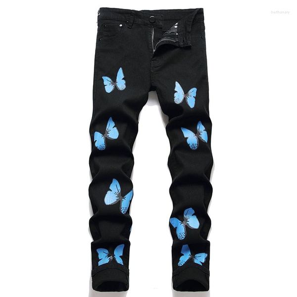 Jeans pour hommes Denim personnalité papillon imprimé tendance petits pieds coupe régulière conception mode pantalon