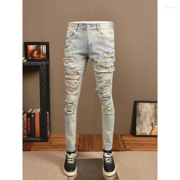 Jeans pour hommes Denim rétro léger déchiré marque de mode Stretch droit mince haute rue Scratch Patch pantalons décontractés