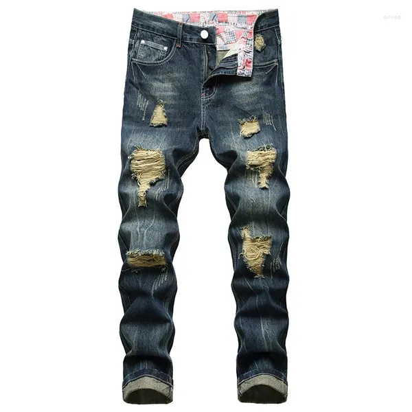 Jeans pour hommes Denim déchiré coton pantalon décontracté mode longue grande taille 28-42 bleu foncé