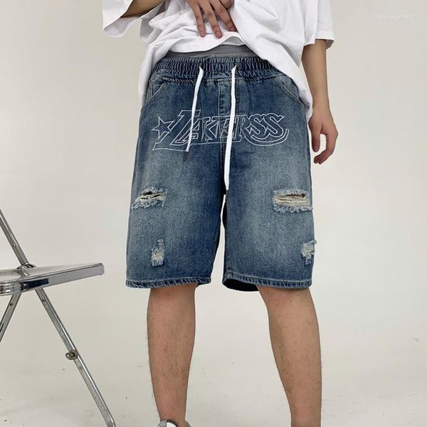 Jeans pour hommes Denim Shorts Lettre Broderie Trou déchiré Court Femme Large Jambe Hip Hop Cordon Vintage Pantalon Été