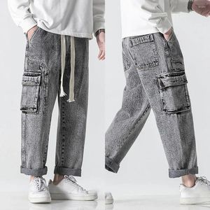 Jeans d'été en Denim pour hommes, pantalons décontractés avec cordon de serrage élastique, multi-poches, jambes droites et larges, pour Streetwear
