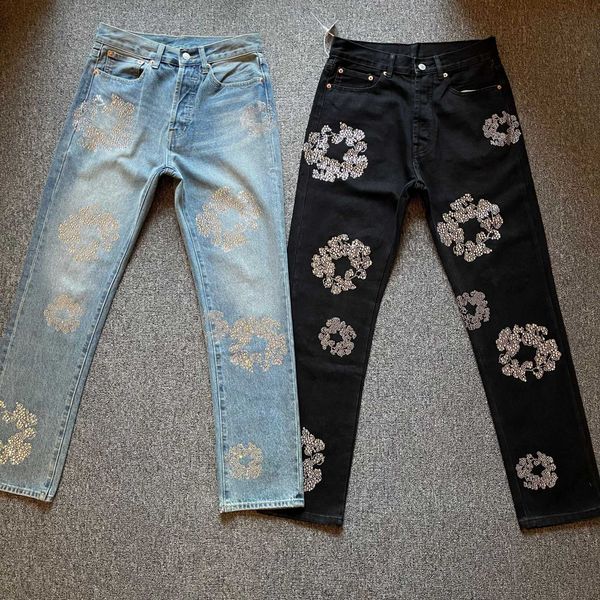 Les larmes de jeans de jeans masculin collaborent avec Rochester Rhinestones Kapok Inlaid Jeans Hot Diamond Straight Tube High Street Trend