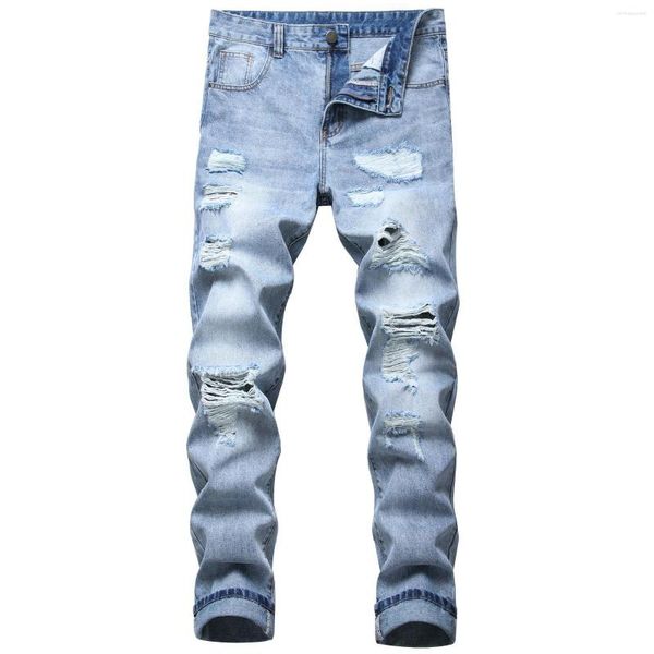 Jeans para hombres Denim Tide Brand Blue American Retro Bordado Tendencia Regular Fit Hole Arruinado Lápiz Pantalones Tallas grandes