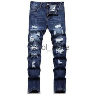 Jeans pour hommes Pantalon en denim droit lavé avec des trous déchirés plissés bouton skinny biker jeans bleu 2022 slim fit jeans hommes pantalons vente chaude J231225