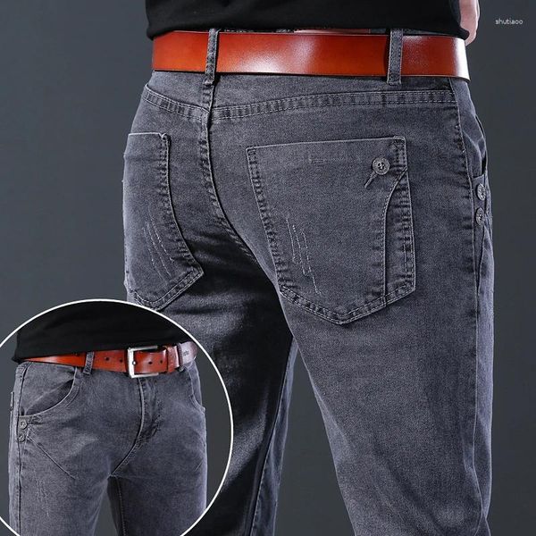 Jeans pour hommes Denim Vintage Gris Solide Couleur Élastique Pantalon Classique Hommes Slim Mode Pantalon Mâle Dropship