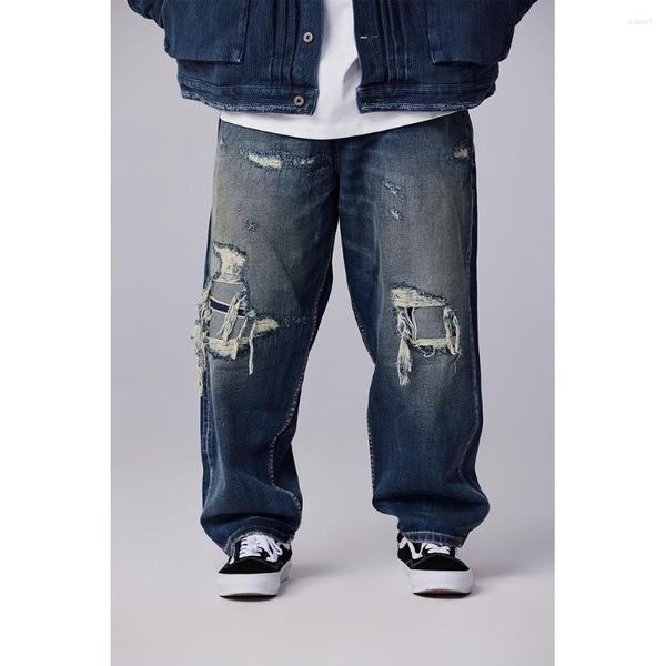 Jeans pour hommes Design Fashion High Street Hip Hop Lavage sale Déchiré Patch Profil Pantalon ample Pantalon à jambes larges