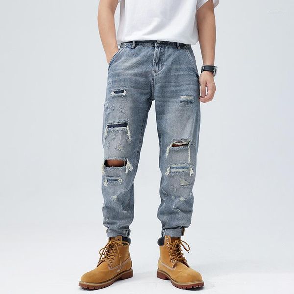 Jeans pour hommes Design mode hommes déchirés élégant été automne Streetwear jeunesse rayé Denim Moto vélo Long trou pantalon