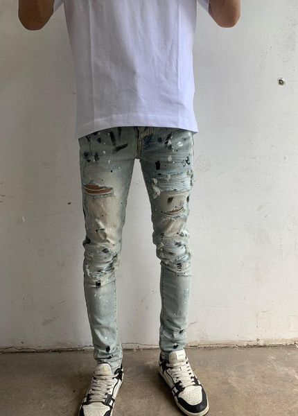 Hommes Jeans Design High Street Fashion Hommes Avec Trou Bleu D'encre Mince Élastique Déchiré Pli Patché Hip Hop Denim Pantalon