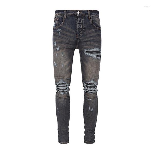 Jeans pour hommes Design High Street Fashion Hommes Trou Boue Couleur Mince Élastique Déchiré En Cuir Noir Patché Hip Hop Denim Pantalon