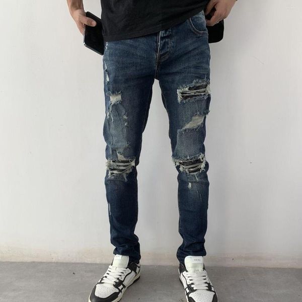 Diseño de jeans para hombres High Street Fashion Men con agujero de cuero parcheado azul oscuro Slim Fit rasgado para pantalones de mezclilla Hip Hop