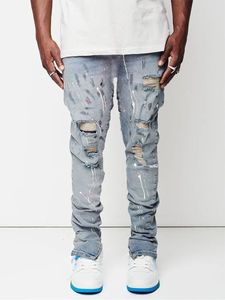 Heren Jeans Ontwerp Mannen Man Verf Slim Fit Katoen Gescheurde Denim Broek Knie Hol Lichtblauw Voor streetwear 231114