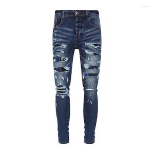 Jeans voor heren Ontwerp Ripped Donkerblauw Streetwear Mode Slanke patchwork denim broek Gradient Grid Patch voor heren