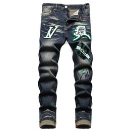 Herenjeans ontwerper 2023 Nieuwe zomerstraat herenjeans bedrukte katoenen broek jeugdmode strakke middentaille casual