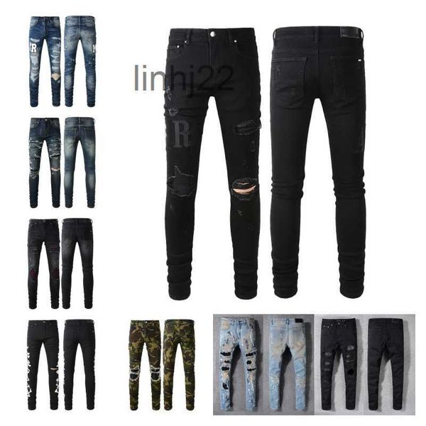 Jeans para hombres Diseñador Amirs Jeans para hombre Púrpura High Street Hole Star Patch Para mujer Amirs Star Panel de bordado Pantalones Stretch Slim-Fit US SizeW2BK