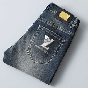 Heren jeans ontwerper herfstmodemerk Koreaanse slanke pit broek slanke fit dikke geborduurde blauw grijze broek l1e8