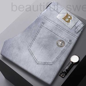 Herenjeans designer B-merk herenjeans, seizoensgebonden jeugd Koreaanse geborduurde elastische slim fit broek, lichtgrijs FFNL