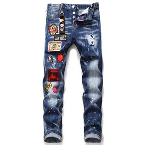 Herenjeans Ontwerper Gebroken Gat Bespat Verf Slanke Jeans Motorfiets Stok Doek Elastische Blauwe Bedelaarsbroek Denim Broek