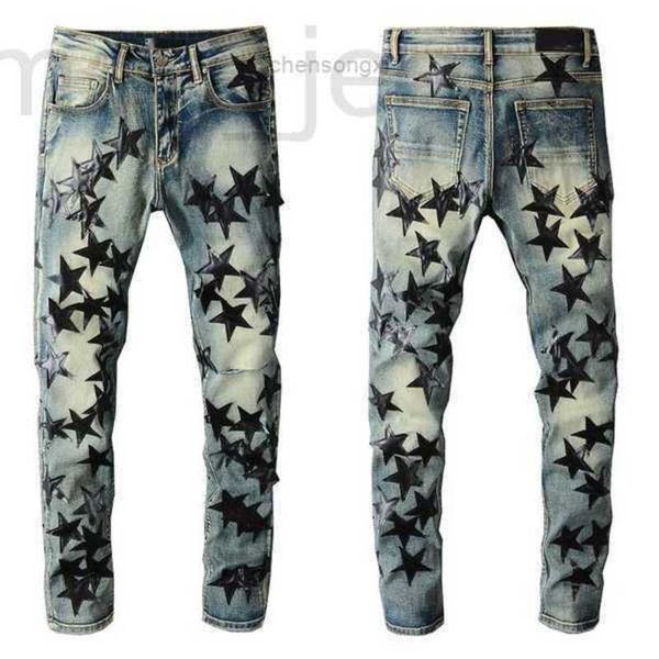 Diseñador de jeans para hombres Chhmens para chicos Rip Slim Fit Pantalones de hombre flacos Parches de estrellas naranjas Vistiendo Biker Denim Stretch Cult Motorcycle Trendy Long Phdt VP0A