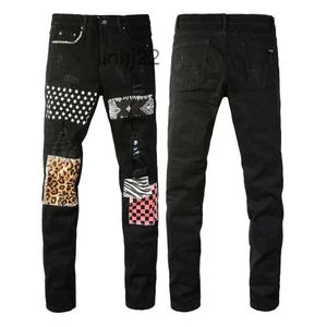 Jeans pour hommes Vêtements de créateurs Amires Denim Amies 8595 High Street Fashion Marque Élastique Léopard Imprimé Patch Déchiré Hommes Minceur Petit Pied bFFBK