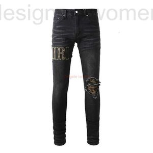 Jeans pour hommes Vêtements de marque Amires Denim 872 High Street Fashion Brand Amies Black Camouflage Big Lettre Élastique Cassé Trendy Slim Straight Petits Pieds Mâle