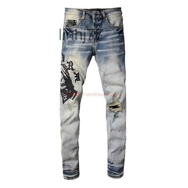 Jeans para hombres Ropa de diseñador Amires Pantalones de mezclilla High Street Amies Marca de moda 882 Blue Gorilla Head Bordado Stretch Hole Trend SLI46WR