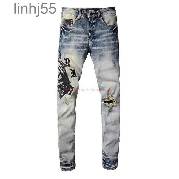 Jeans para hombres Ropa de diseñador Amires Pantalones de mezclilla High Street Amies Marca de moda 882 Blue Gorilla Head Bordado Stretch Hole Tendencia SLIJI8A