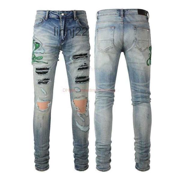 Jeans pour hommes Vêtements de marque Amires Denim Amies High Street Fashion Mens avec broderie bleue Patch de peau de serpent cassé Slim Fit Petits pieds 8561 Distr16HP