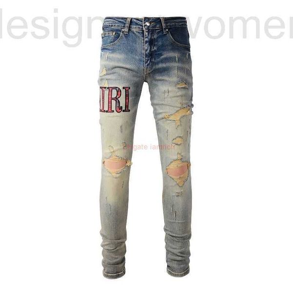 Jeans pour hommes Vêtements de créateurs Amires Denim Pants 888 High Street Amies Old Wornout Red Check Letters Slim Distressed Ripped Skinny Motocycle B FCC1
