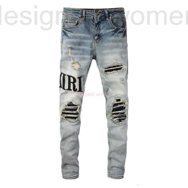 Jeans para hombres Ropa de diseñador Amires Pantalones de mezclilla 866 Marca de moda Parche de color claro con tela rasgada desgastada Ajuste delgado Pie pequeño High Street para hombres PY50