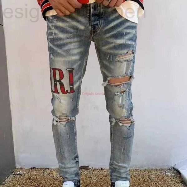 Jeans pour hommes Vêtements de marque Amires Denim Pantalons High Street Marque de mode Lettre de broderie Wash Fold Old Broken Casual Fit Blue Male Distressed Ripped Skinn