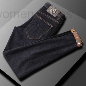Herenjeans ontwerper Diepblauwe jeans voor heren herfst nieuwe high-end mode mid-rise elastische slim fit casual broek V5RE