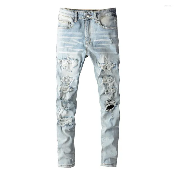 Jeans para hombres Diseñador Denim Casual Harajuku Retro Algodón Empalme Agujeros Hip Hop Agujero azul Pantalones apretados Micro Elástico Jean Moda