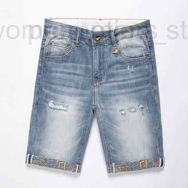 Shorts de mezclilla de diseñador de jeans masculinos, moda casual de verano, tendencia juvenil, impresión hecha jirones, ajuste delgado, trimestre elástica MLSH 4VH8