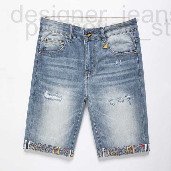 Pantalones cortos de mezclilla de diseñador de jeans para hombres, moda casual de verano, tendencia juvenil, impresión hecha jirones, ajuste delgado, trimestre elástica mlsh wasg